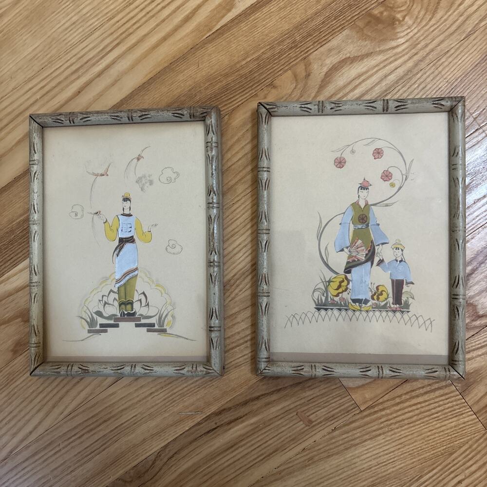 Set Of 2 Vintage 1930s Chinese Hand colored Prints - People Lotus Birds Brooklyn